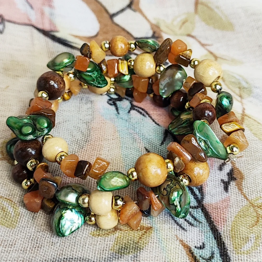 Oversized White Seed Bead Topaz Garnet Color Orange Beaded Memory Wire Bracelet